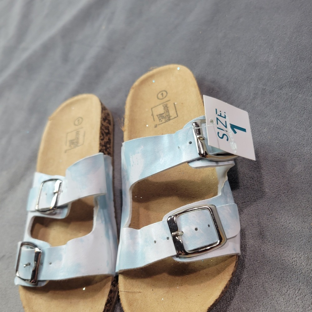 Extremely Me Girls Blue White Tie Dye Double Buckle Slide Sandals Size 1 - Picture 2 of 6
